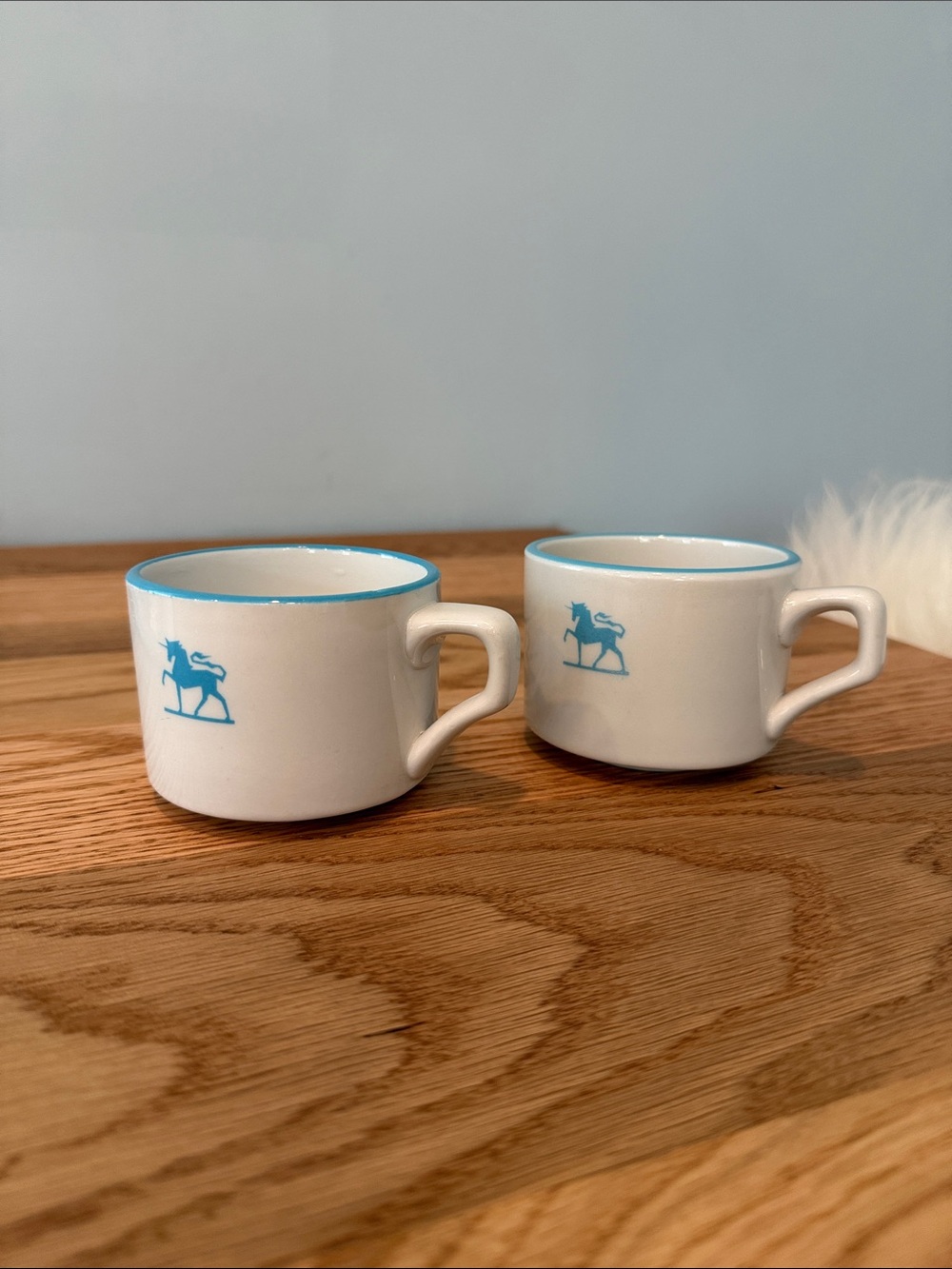 Vintage Shenango China Tea Cups with Blue Trim and Horse Motif - Set of 2